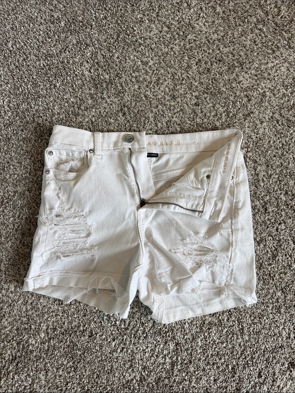 American Eagle Outfitters White Distressed Jean Shorts with Frayed Hem